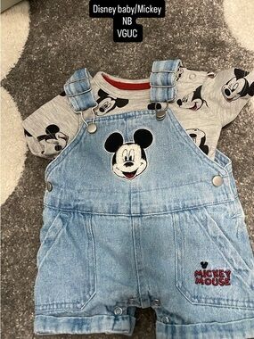 Disney Light Blue Denim Mickey Overalls with Gray Mickey Tee